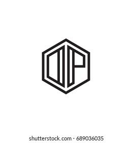 Initial letter DP, OP, minimalist line art monogram hexagon logo, black color