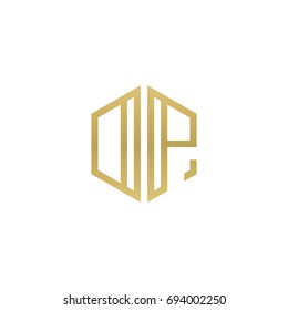Initial letter DP, OP, minimalist line art hexagon shape logo, gold color