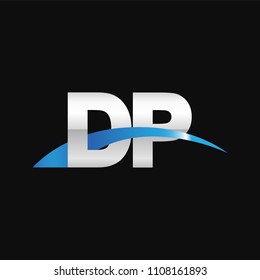 Initial letter DP, overlapping movement swoosh logo, metal silver blue color on black background