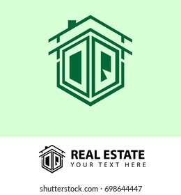 Initial Letter DQ House Logo, Hexagonal Shape with Green Color