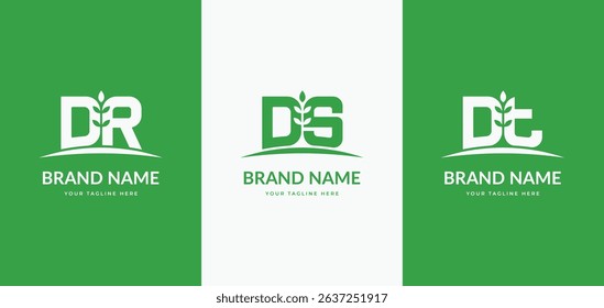Initial letter DR, DS and DT with negative space plant leaf modern logo design vector icon illustration