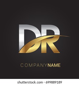 initial letter DR logotype company name colored gold and silver swoosh design. isolated on black background.