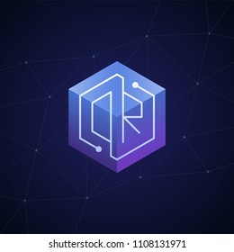 Initial letter DR, OR, block chain, looping mono line circuit letter on hexagon cube logo, blue magenta gradient color on black blue network background