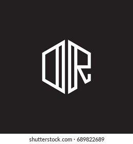 Initial letter DR, OR, minimalist line art monogram hexagon shape logo, white color on black background