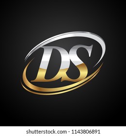 initial letter DS logotype company name colored gold and silver swoosh design. isolated on black background.