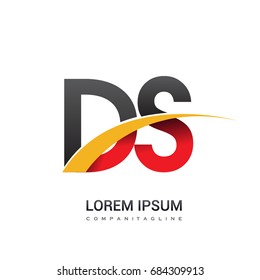 initial letter DS logotype company name colored red, black and yellow swoosh design. isolated on white background.
