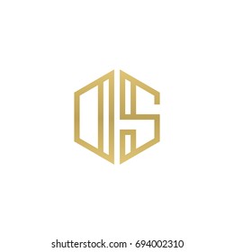 Initial letter DS, OS, minimalist line art hexagon shape logo, gold color