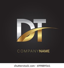 Anfangsbuchstabe DT logotype Firmenname gefärbtes Gold und silbernes Swoosh Design. einzeln auf schwarzem Hintergrund.