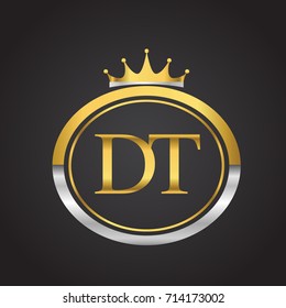 initial letter DT logotype company name with oval shape and crown, gold and silver color. vector logo for business and company identity.