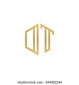 Initial letter DT, OT, minimalist line art hexagon shape logo, gold color
