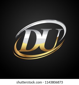 initial letter DU logotype company name colored gold and silver swoosh design. isolated on black background.