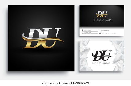 initial letter DU logotype company name colored gold and silver swoosh design. Vector sets for business identity on white background.