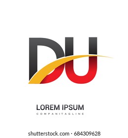 initial letter DU logotype company name colored red, black and yellow swoosh design. isolated on white background.
