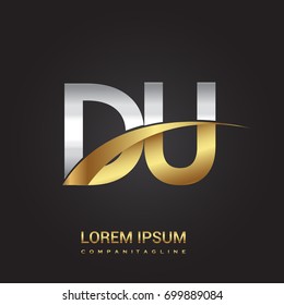initial letter DU logotype company name colored gold and silver swoosh design. isolated on black background.