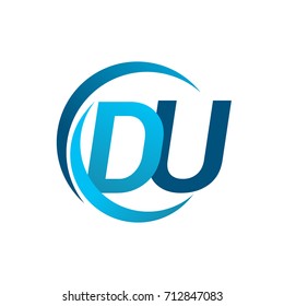 initial letter DU logotype company name blue circle and swoosh design. vector logo for business and company identity.