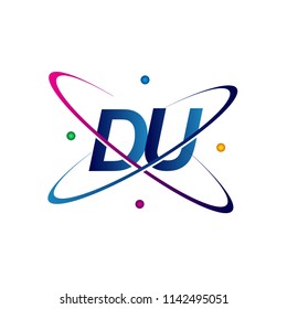 initial letter DU logotype science icon colored blue, red, green and yellow swoosh design. vector logo for business and company identity.