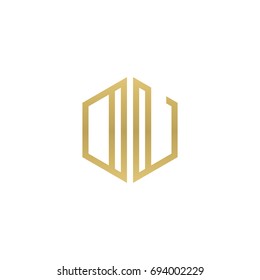 Initial letter DU, OU, minimalist line art hexagon shape logo, gold color