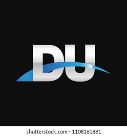 Initial letter DU, overlapping movement swoosh logo, metal silver blue color on black background