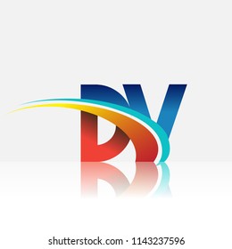 initial letter DV logotype company name colored red and blue and swoosh design. vector logo for business and company identity.

