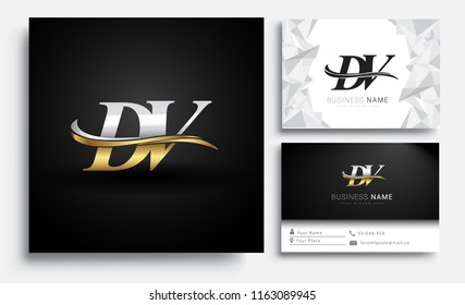 initial letter DV logotype company name colored gold and silver swoosh design. Vector sets for business identity on white background.