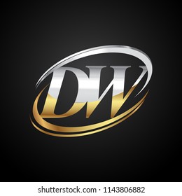initial letter DW logotype company name colored gold and silver swoosh design. isolated on black background.