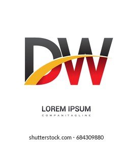 initial letter DW logotype company name colored red, black and yellow swoosh design. isolated on white background.
