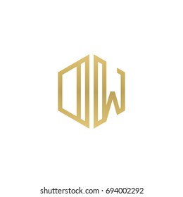 Initial letter DW, OW, minimalist line art hexagon shape logo, gold color