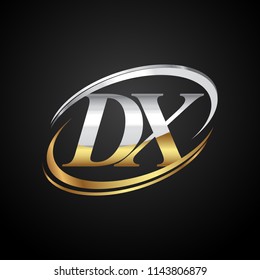 initial letter DX logotype company name colored gold and silver swoosh design. isolated on black background.