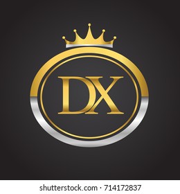 initial letter DX logotype company name with oval shape and crown, gold and silver color. vector logo for business and company identity.
