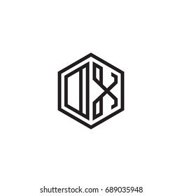 Initial letter DX, OX, minimalist line art monogram hexagon logo, black color