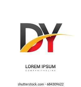initial letter DY logotype company name colored red, black and yellow swoosh design. isolated on white background.
