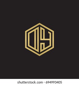 Initial letter DY, OY, minimalist line art hexagon logo, gold color on black background