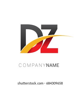 initial letter DZ logotype company name colored red, black and yellow swoosh design. isolated on white background.
