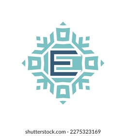 Initial letter E abstract snowflake square emblem logo