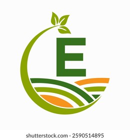 Initial Letter E Agriculture And Farming Logo Combine With Field and Leaf Symbol