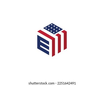 initial Letter E with American Flag in Shape of Hexagon Logo Concept symbol icon sign Element Design. Home, Real Estate, Realtor, Mortgage, House Logotype. Vector illustration template