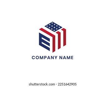 initial Letter E with American Flag in Shape of Hexagon Logo Concept icon sign symbol Element Design. Home, Real Estate, Realtor, Mortgage, House Logotype. Vector illustration template