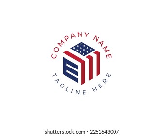 initial Letter E with American Flag in Shape of Hexagon Logo Concept sign icon symbol Element Design. Home, Real Estate, Realtor, Mortgage, House Logotype. Vector illustration template