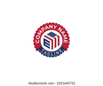 initial Letter E with American Flag in Shape of Hexagon Logo Stamp Badge Concept symbol icon sign Element Design. Home, Real Estate, Realtor, Mortgage, House Logotype. Vector illustration template