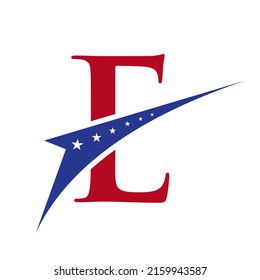 Initial Letter E American Logo for Business, Corporate and Company Sign. USA, American Logo on Letter E Vector Template Star Concept