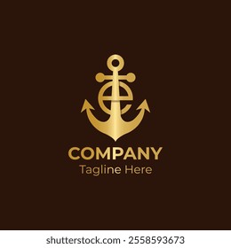 Initial letter E with anchor gold color logo. Creative logo design.