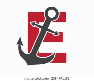 Initial Letter E Anchor Logo Design Concept For Boat, Ship, Yacht, Nautical Transport Symbol