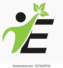 Initial Letter E Bio or Healthcare Logo Design Concept With Human And Green Leaf Symbol