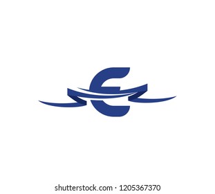 Initial Letter E with Blue Ribbon Swoosh Shape Logo