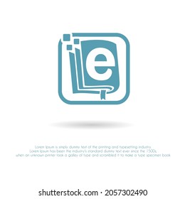 Initial Letter e with Book and Pixel Icon for Digital Book, e-book, e-learning, Education, technology, Literature apps, Bookstore, Publishing Company Logo Idea