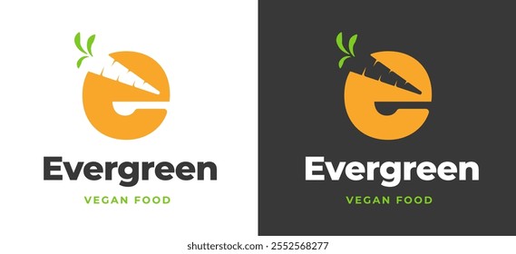 Initial Letter E with Carrot Icon Logo Inspiration. Carrot icon with Letter E Logo for Restaurant, Vegan, Cafe, and Food Service Branding. Alphabet Restaurant Vector Logo Illustration.