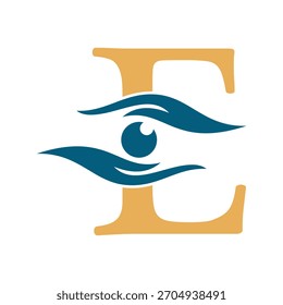 Logotipo inicial de la caridad de la letra E combinado con el símbolo de la mano y del ojo