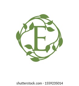 initial letter E with circle green leaf vector illustration