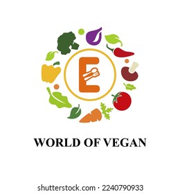 Initial Letter E with Colorful Vegetable Icon for vegetarian, vegan, organic farm store Logo Idea Template