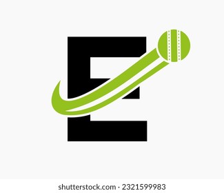 Initial Letter E Cricket Logo Concept With Moving Ball Icon For Cricket Club Symbol. Cricketer Sign